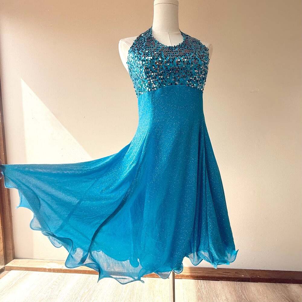 Blue Sequined Sparkly Halter Dance Dress with Lettuce Hem